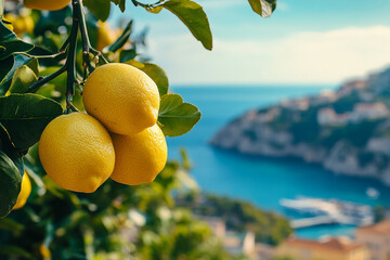 Wall Mural - A branch of ripe lemons. View of the riviera. Oil painting, watercolor. Realistic image. Art for the interior.