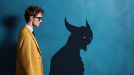 Poster - A man in a yellow jacket and glasses standing next to an evil looking shadow, AI