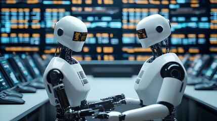 Two Robots Interacting in a Futuristic Control Room