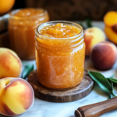 Wall Mural - A jar of peach jam. Advertisement.