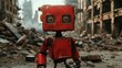 © ProPhotos - A red robot standing in a cityscape, surrounded by the rubble of buildings.