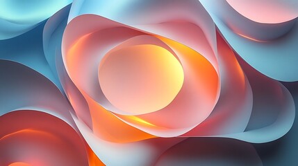 Wall Mural - A modern 3D papercraft Venn diagram, pastel-colored paper circles intersecting, with the overlapping sections raised higher, glowing ambient light, soft shadows creating depth, detailed paper folds,