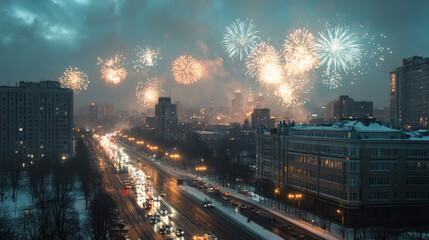 Wall Mural - Fireworks over the New Year's city light up the sky, marking the beginning of 2025 in bright colors.