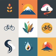 Canvas Print - Nine colorful flat design icons with nature, travel and cycling themes.