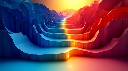 Wall Mural - A vibrant 3D papercraft timeline, colorful horizontal paper columns slightly raised from the surface, connected by a 3D path, glowing light creating shadows, intricate paper textures,