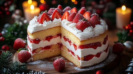 Wall Mural - A beautifully arranged Japanese Christmas cake with fluffy layers of sponge, whipped cream, and strawberries, set on a rustic wooden table with holiday decorations, glowing candles,