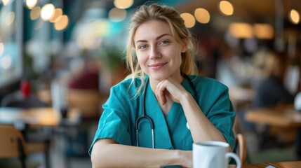 Young blonde doctor in a lab coat smiling at the camera while sitting at a table with a cup of coffee in the dining room.