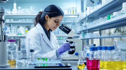 science microscope and innovation with a woman in a laboratory for medical research or experiment he
