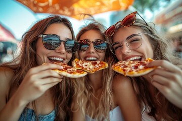 Happy friends eating street food on summer vacation - Three women eating pizza slice on city street - Happy lifestyle and tourism concept, Generative AI