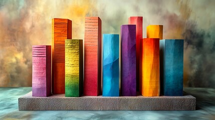 Wall Mural - A 3D papercraft bar chart, colorful paper bars standing upright on a textured paper base, each bar has a distinct texture and color representing different categories, soft shadows, dynamic lighting,