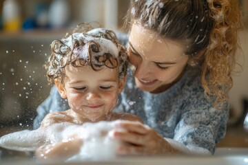 Mother washing little son in bathroom, Generative AI