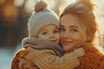 The son with his mom outdoors. Mother and her child having fun together. Little kid express the love to his young mommy, Generative AI