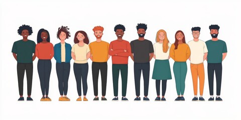 Group portrait of diverse happy young people standing together and hugging. Team of multiracial friends. Diversity and friendship concept. Colored flat  illustration isolated on white, Generative AI