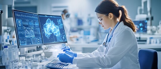 Sticker - Female Scientist Working in Lab with 3D Scan on Screen.