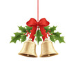 © mashimara - Two golden bells adorned with holly leaves, red berries, and red bows, symbolizing traditional Christmas decorations. Isolated on white background.