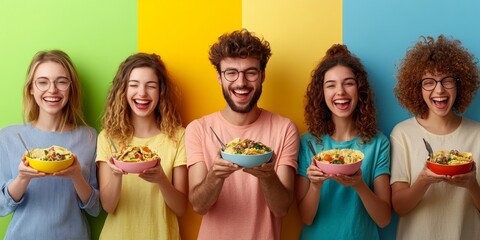 Wall Mural - Set of people eating tasty ravioli on colorful background, Generative AI