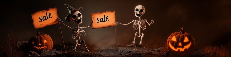 Two playful skeletons celebrate a spooky sale, surrounded by carved pumpkins in a festive Halloween setting.