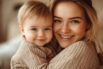 happy family mom and son smile in the arms, Generative AI