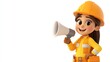 © AURA COLLECTIONS - Smiling cartoon girl construction worker in yellow hard hat holding megaphone.