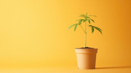 A small cannabis plant growing in a pot, isolated on a simple colored background, representing growth and cultivation