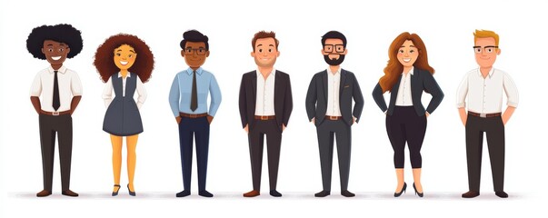 Business team.  illustration of diverse cartoon men and women of various ethnicities, ages, and body types in office outfits. Isolated on white, Generative AI