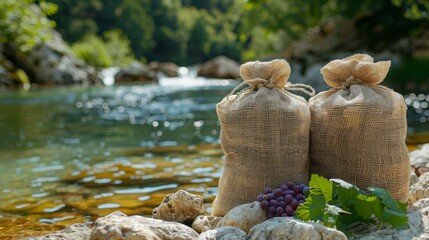 Riverbank Bounty: Rustic burlap sacks brimming with nature's treasures rest beside a pristine mountain stream, grapes spilling forth in a promise of autumnal abundance. 