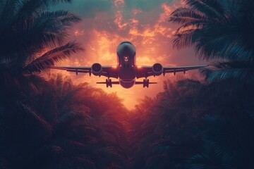 Canvas Print - Airplane Flying Over Tropical Palms at Sunset