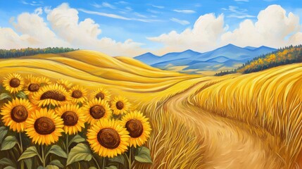 Sticker - A painting of a field with sunflowers and dirt road, AI