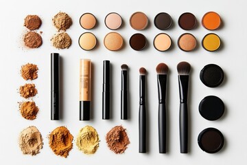 Makeup Products and Brushes on a White Background