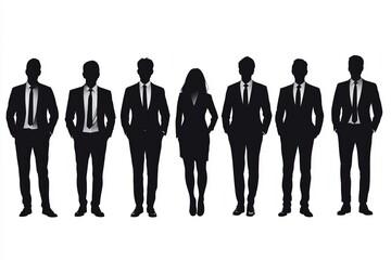 silhouettes of  men and a women, a group of standing  business people, black and white color isolated on white background, Generative AI