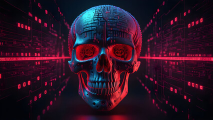 3d illustration of human skull with binary code background. Cyber attack concept