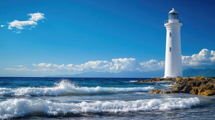 Wall Mural - A white lighthouse standing tall against the backdrop of a clear blue sky and ocean waves