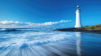 Wall Mural - A white lighthouse standing tall against the backdrop of a clear blue sky and ocean waves