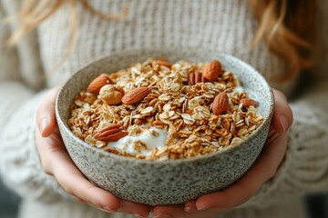 Wall Mural - Young woman with muesli bowl. Girl eating breakfast cereals with nuts, pumpkin seeds, oats and yogurt in bowl. Girl holding homemade granola. Healthy snack or breakfst in the, Generative AI