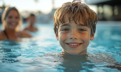 Boy and mom rest in vacation. Teenage boy swimming in pool, Children lifestyle. Enjoy the life, Generative AI