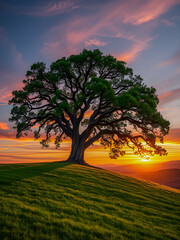 Poster - Beautiful view of oak tree on hill against colorful cloudy sky during sunset. Inspirational lonely tree on hilltop, tranquil peaceful nature landscape. Amazing natural background. AI generated