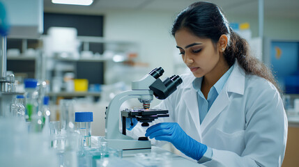 Science microscope and innovation with a woman in a laboratory for medical research or experiment Healthcare medicine and a young indian engineer working in a lab for pharmaceutical