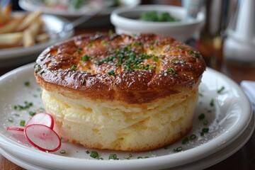 Souffle A perfectly risen cheese souffle with a golden, fluffy top. Served in a white ramekin on a matching plate