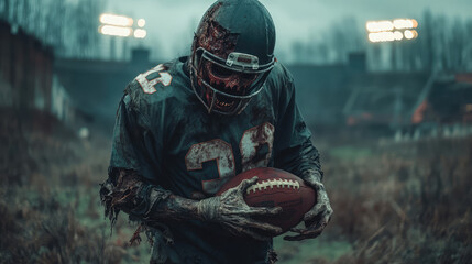 A zombie athlete with rotting skin, wearing a torn uniform, holding a deflated football, standing on an overgrown, abandoned field, stadium lights flickering.