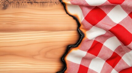 Poster - A burnt wood and a checkered tablecloth with red stripes, AI