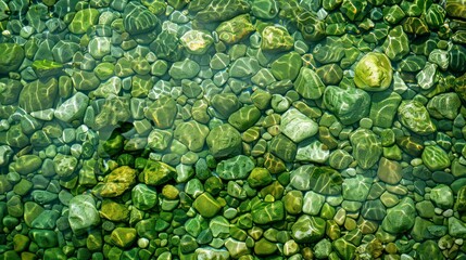 Top-down view, green pebbles under water surface, tranquil, calm, elegant