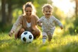 © Focal Imaging - Happy young mom and her little son play soccer together outdoors, Generative AI