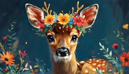 Playful baby deer adorned with a flower crown, radiating cuteness and innocence in a lighthearted atmosphere