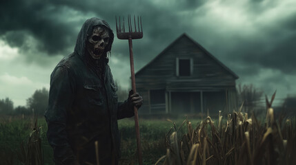 A zombie farmer with a decaying face, holding a rusted pitchfork, standing in front of an abandoned, overgrown barn, dark storm clouds gathering overhead.