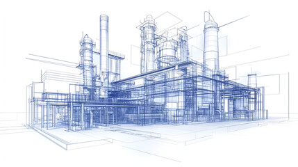 Wall Mural - Sketch of industrial equipment rendered in wireframe style with separated layers of visible and invisible lines