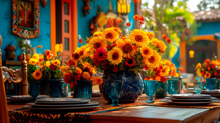 A festive Mexican table setting adorned with vivid flowers, traditional decor, and bright patterns, creating a lively celebration atmosphere