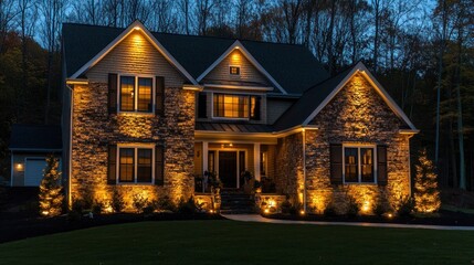 A two-story house with stone exterior illuminated by warm light at dusk.