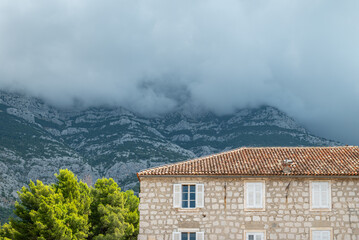 View of the Biokovo mountain range of the Dinaric Alps from Makarska riviera, Adriatic coast of Croatia