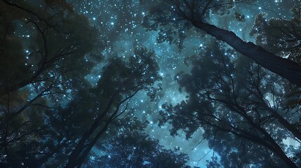 Wall Mural - night sky dotted with countless stars seen through the silhouette of a dense forest. the dark branch