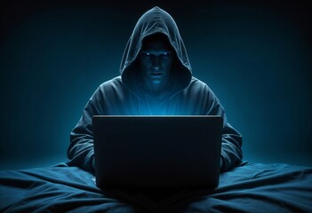Hacker in a raincoat with a hood behind a laptop